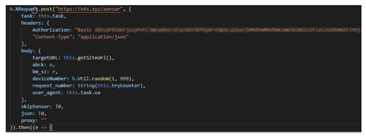 Bot sending request to n4s[.]xyz to retrieve anti-bot security solution sensors and then bypass protection