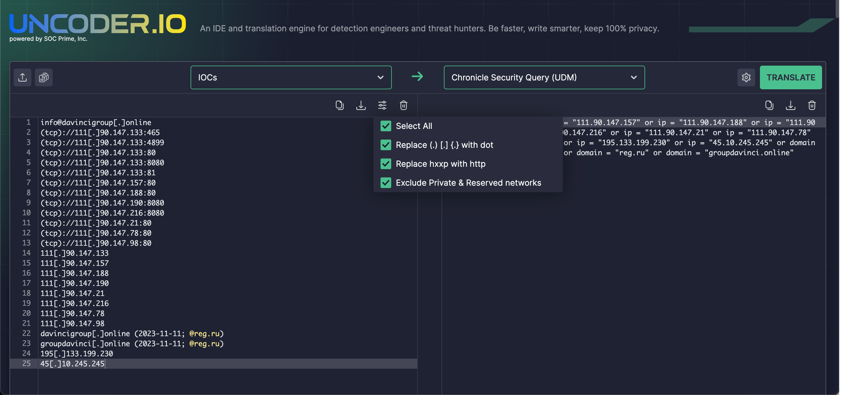 Use Uncoder IO to hunt for UAC-0050 adversary activity with custom search queries based on IOCs from the CERT-UA#8026 alert.