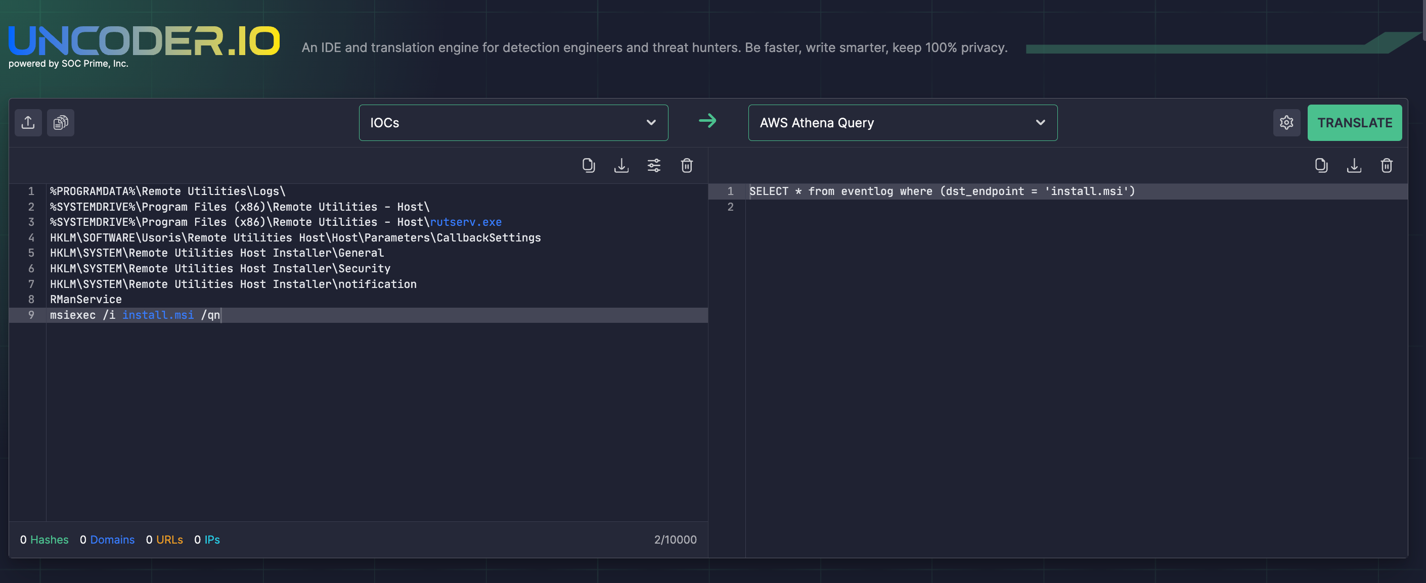 Use Uncoder IO to hunt for IOCs related to UAC-0050 attacks based on the CERT-UA#8654 alert