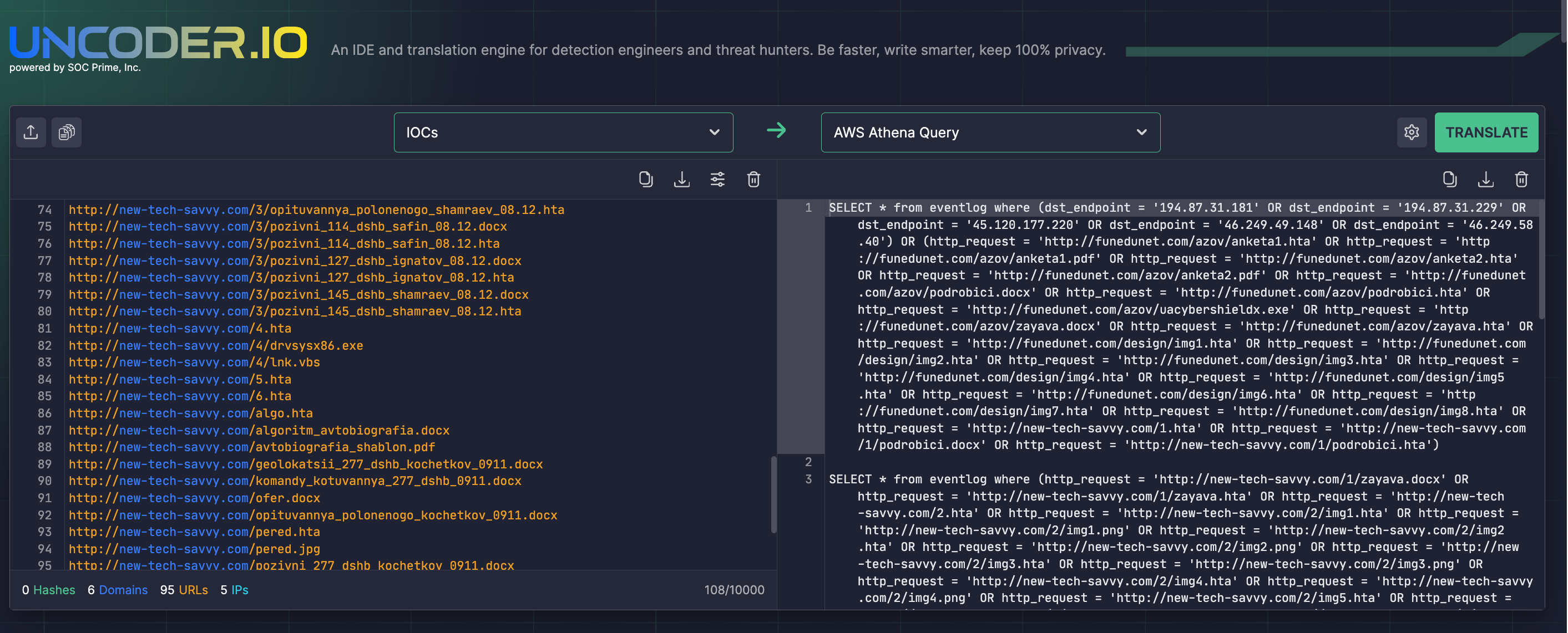 Uncoder IO converting IoCs to hunting queries