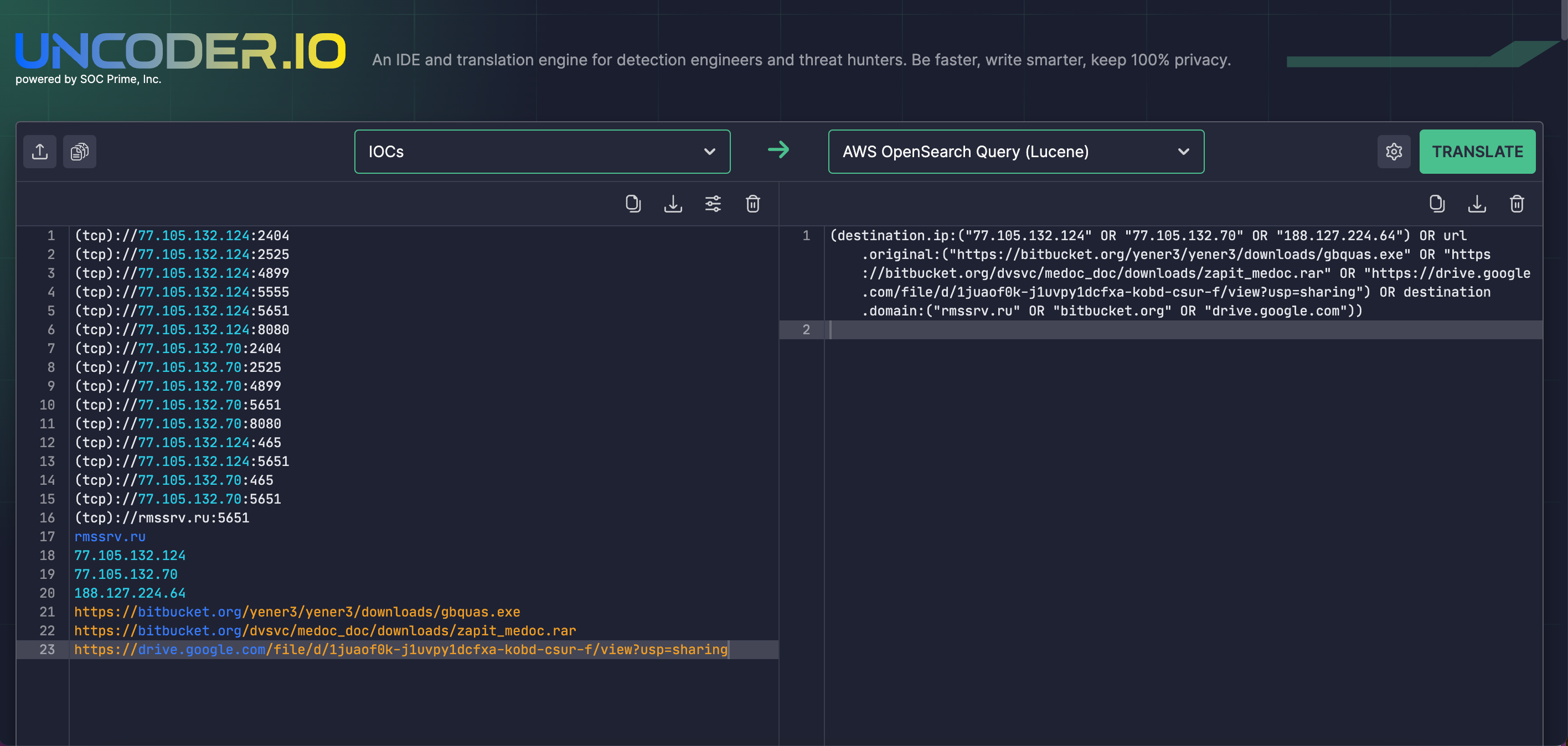 Use Uncoder IO to generate custom queries based on CERT-UA#8453 and CERT-UA#8494 alerts for UAC-0050 attack detection