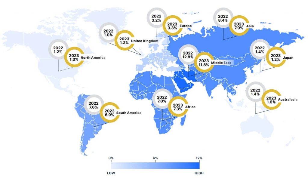 Map showing cyber threat increases on each continent from 2022 to 2023.