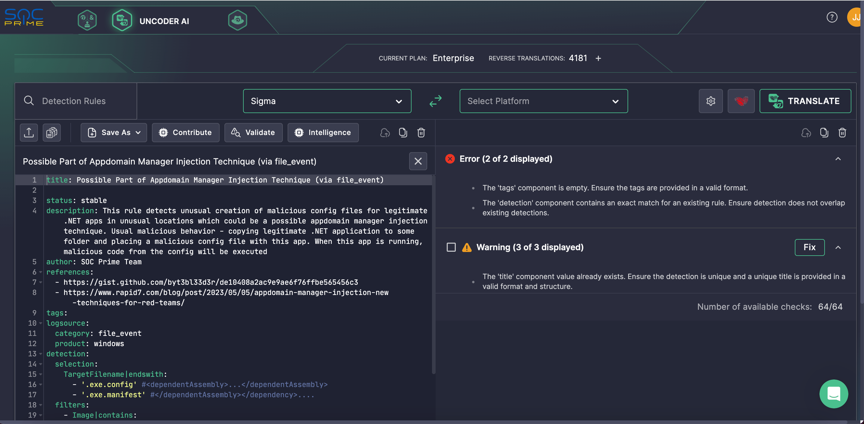  Running automated Sigma rule logic and syntax checks with a built-in Warden tool in Uncoder AI.
