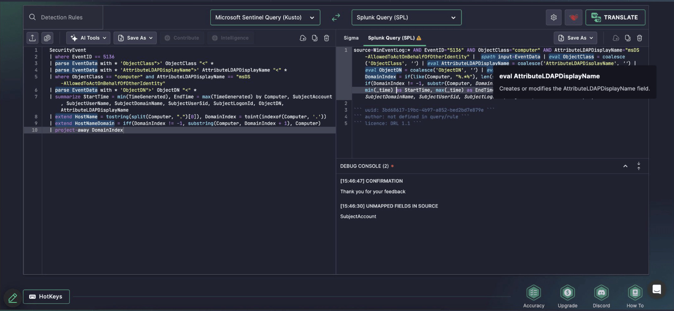 Use Uncoder AI for inline and modal syntax hints to understand every bit of detection logic at a glance.