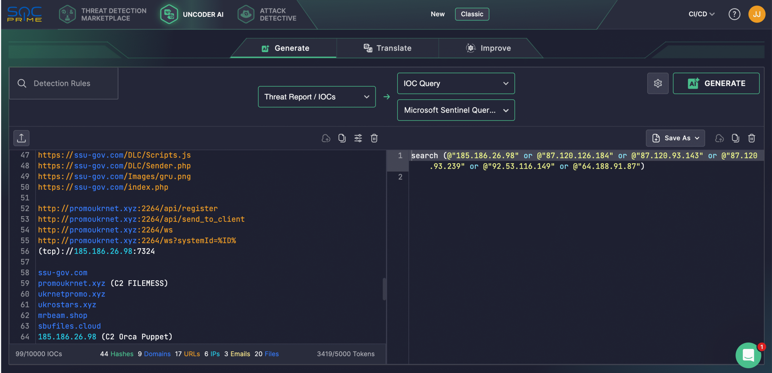 Use Uncoder AI to auto-convert IOCs from the CERT-UA#17691 alert into custom hunting queries to search for the UAC-0239 threats.